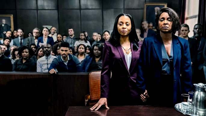 Dos mujeres en un tribunal, con el público al fondo.
