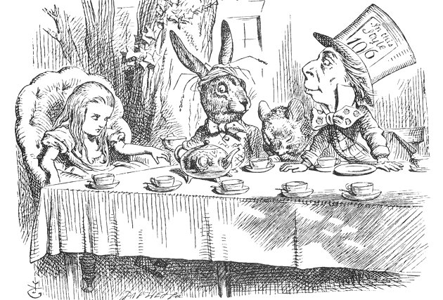 Alicia tomando el té con el Sombrerero y la Liebre, ilustrado por John Tenniel.