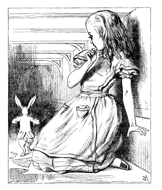 Ilustrado por John Tenniel y Alice siguiendo al conejo.