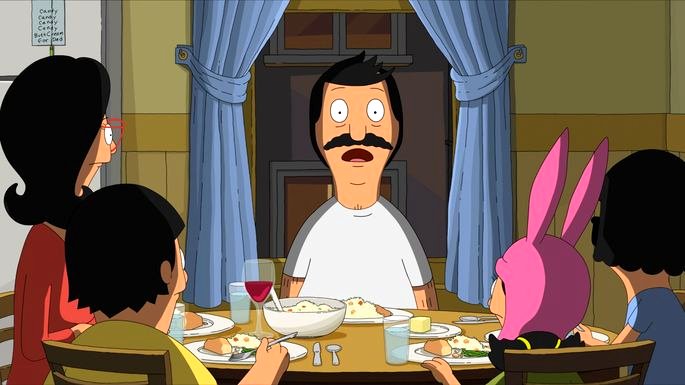 Familia de dibujos animados alrededor de la mesa de la cena.