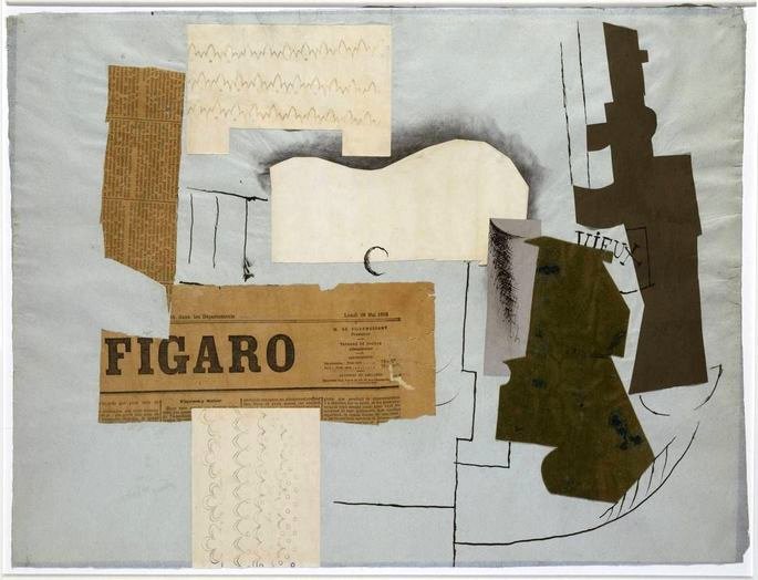 Collage cúbico de Picasso que representa recortes de periódicos y diseños de botellas