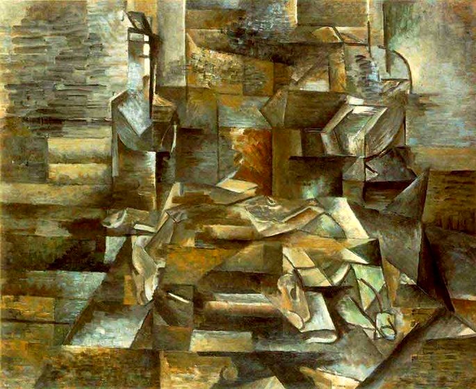 Cuadro cubista de Braque en tonos marrones y ocres que muestra una botella y un pez