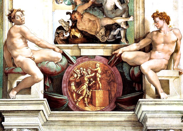 Un fresco en la Capilla Sixtina que muestra figuras masculinas desnudas