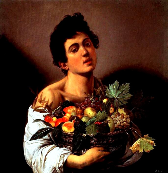 Niño con cesta de frutas.