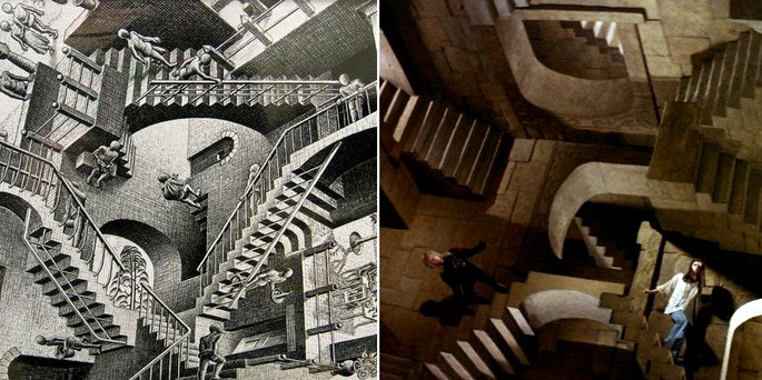 una escena de la película Labyrinth y la obra de Echer